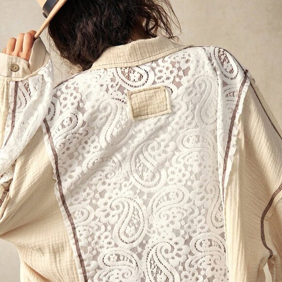 Multicolor Casual Women's Woven Contrast Lace Loose Lapel Front Open Blouse - Picture 5 of 7